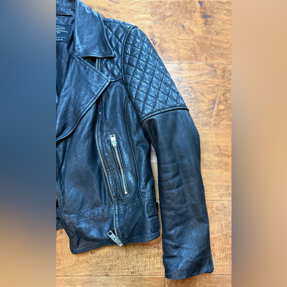AllSaints Walker Quilted Leather Moto Jacket Black Buckle US 6 - Picture 3 of 13